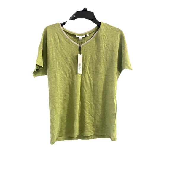 Chicos Linen Sweater Trim Stitch Tee Short Sleeve Moss/Silver V-Neck Size 0/S - Picture 1 of 9